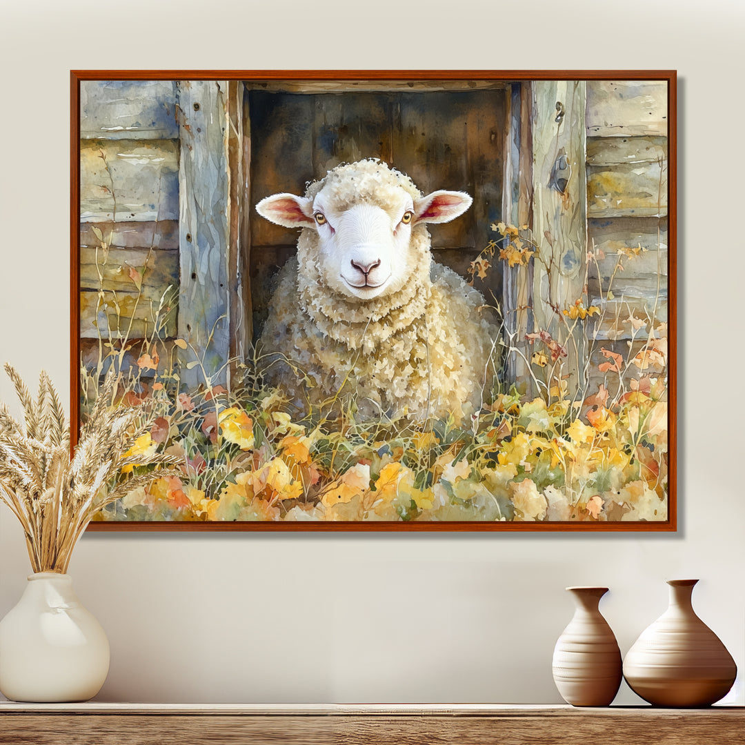 Sheep Floral Portrait At The Barn - Sheep Bedroom Wall Art