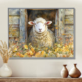 Sheep Floral Portrait At The Barn - Sheep Bedroom Wall Art