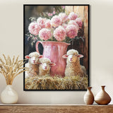 Pink Floral Sheep Portrait At The Barn - Sheep Framed Canvas Art