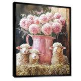 Pink Floral Sheep Portrait At The Barn - Sheep Framed Canvas Art