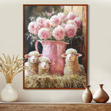 Pink Floral Sheep Portrait At The Barn - Sheep Framed Canvas Art