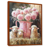 Pink Floral Sheep Portrait At The Barn - Sheep Framed Canvas Art