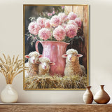 Pink Floral Sheep Portrait At The Barn - Sheep Framed Canvas Art