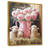 Pink Floral Sheep Portrait At The Barn - Sheep Framed Canvas Art