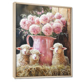 Pink Floral Sheep Portrait At The Barn - Sheep Framed Canvas Art
