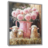 Pink Floral Sheep Portrait At The Barn - Sheep Framed Canvas Art