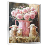 Pink Floral Sheep Portrait At The Barn - Sheep Framed Canvas Art
