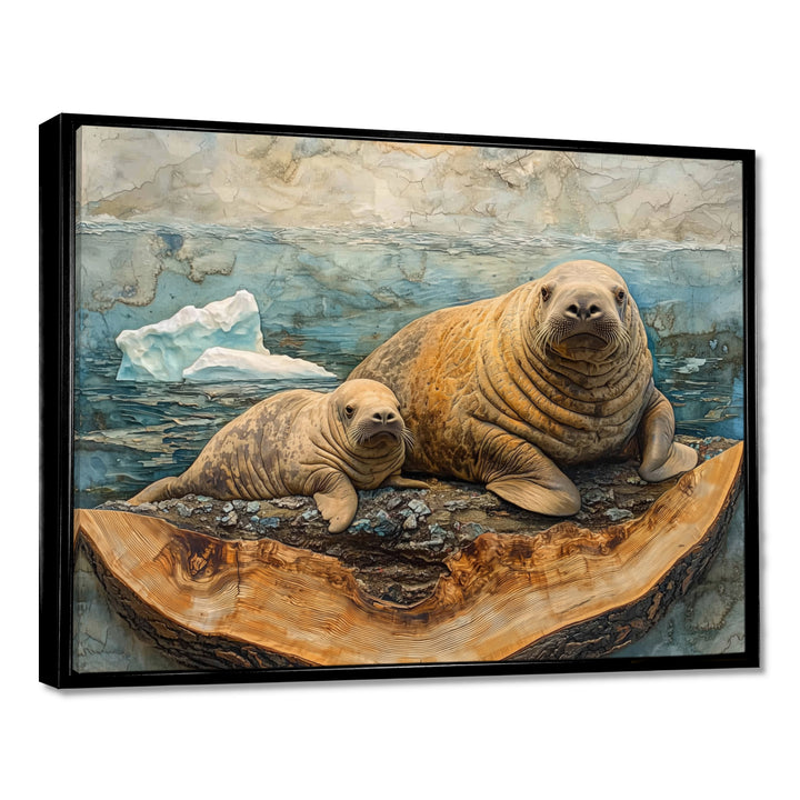 Canadian Walrus Family On A Top Of Wood Slide - Grey Walrus Wall Art