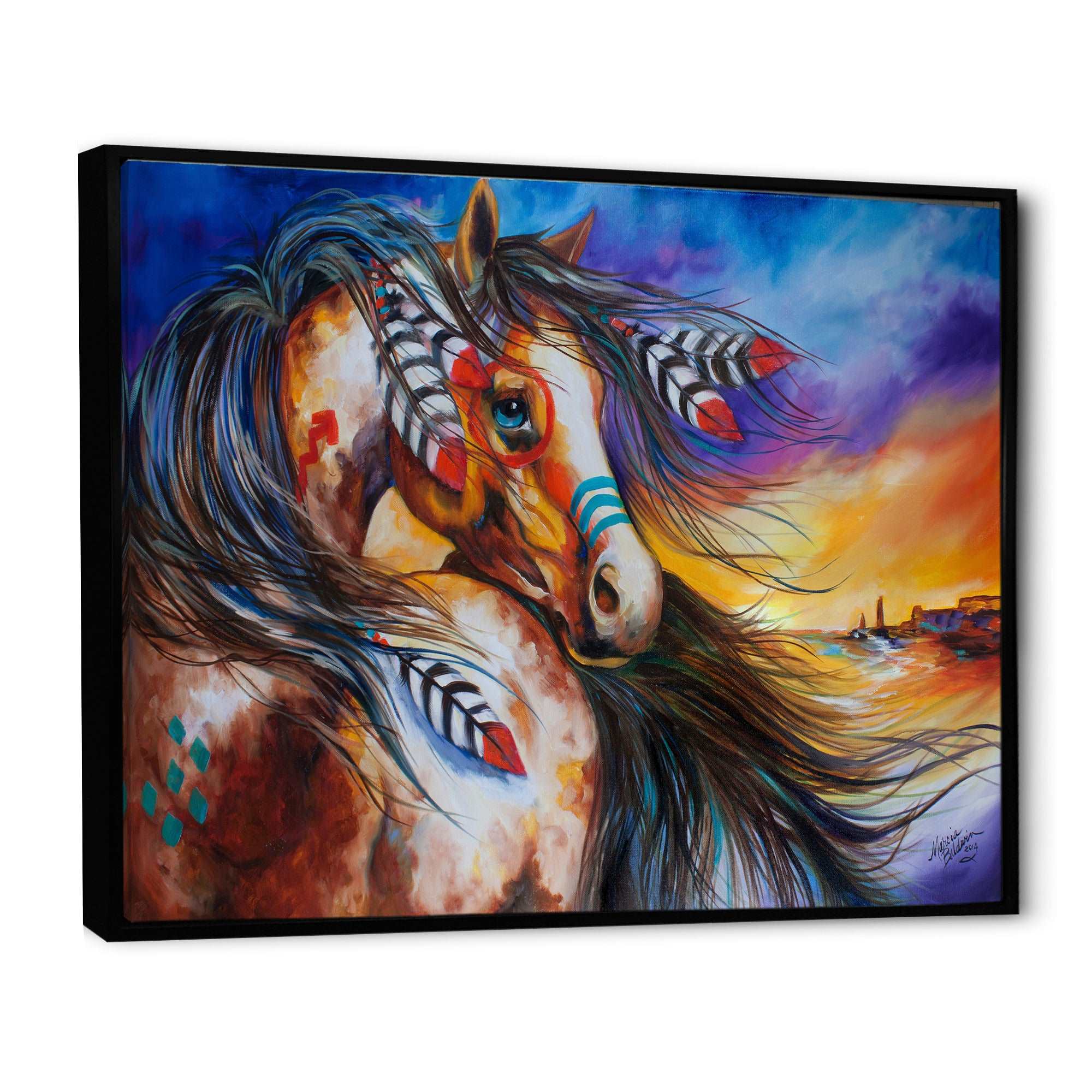 5 Feathers Indian War Horse Framed Canvas Vibrant Black - 1.5" Thick
