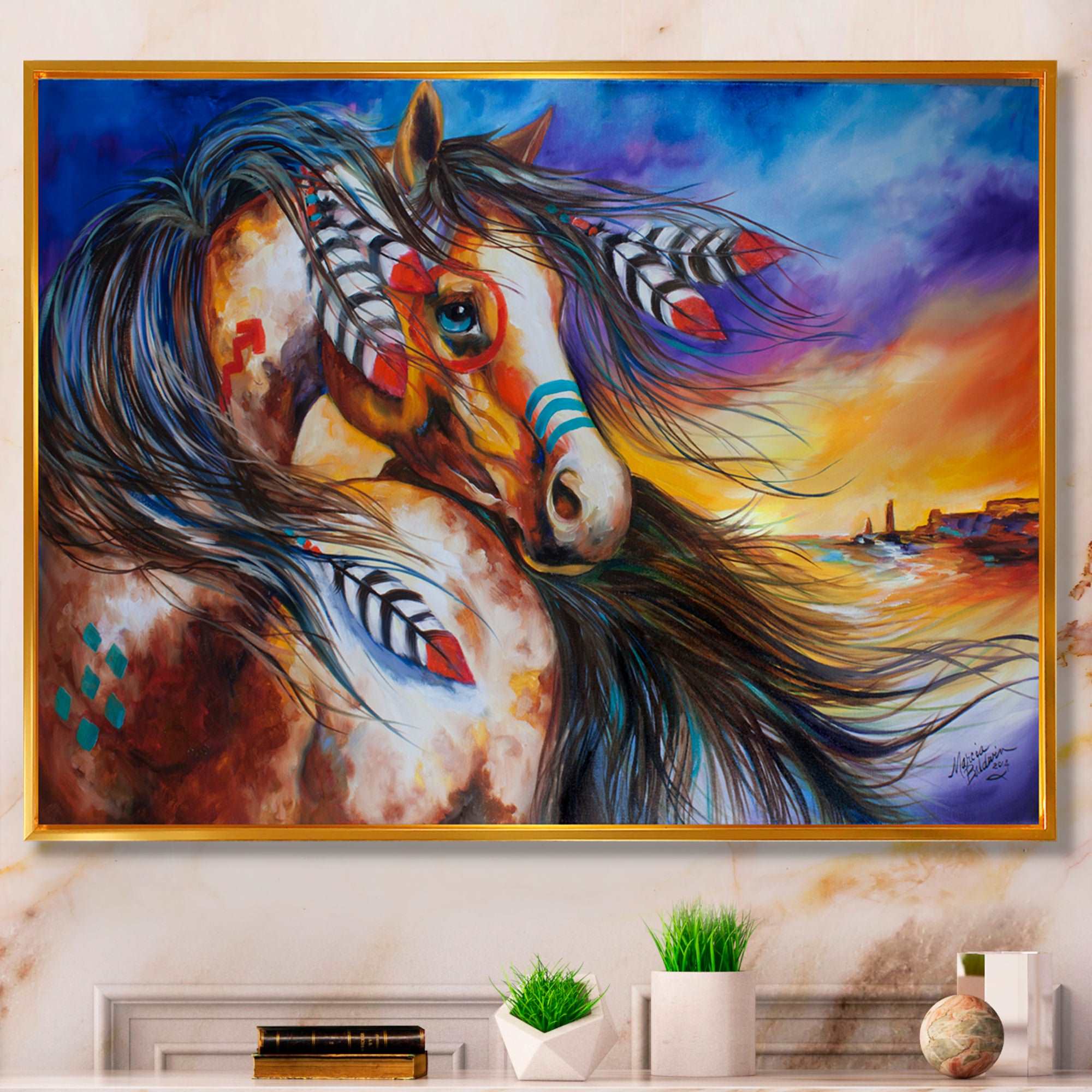5 Feathers Indian War Horse Framed Canvas Vibrant Gold - 1.5" Thick