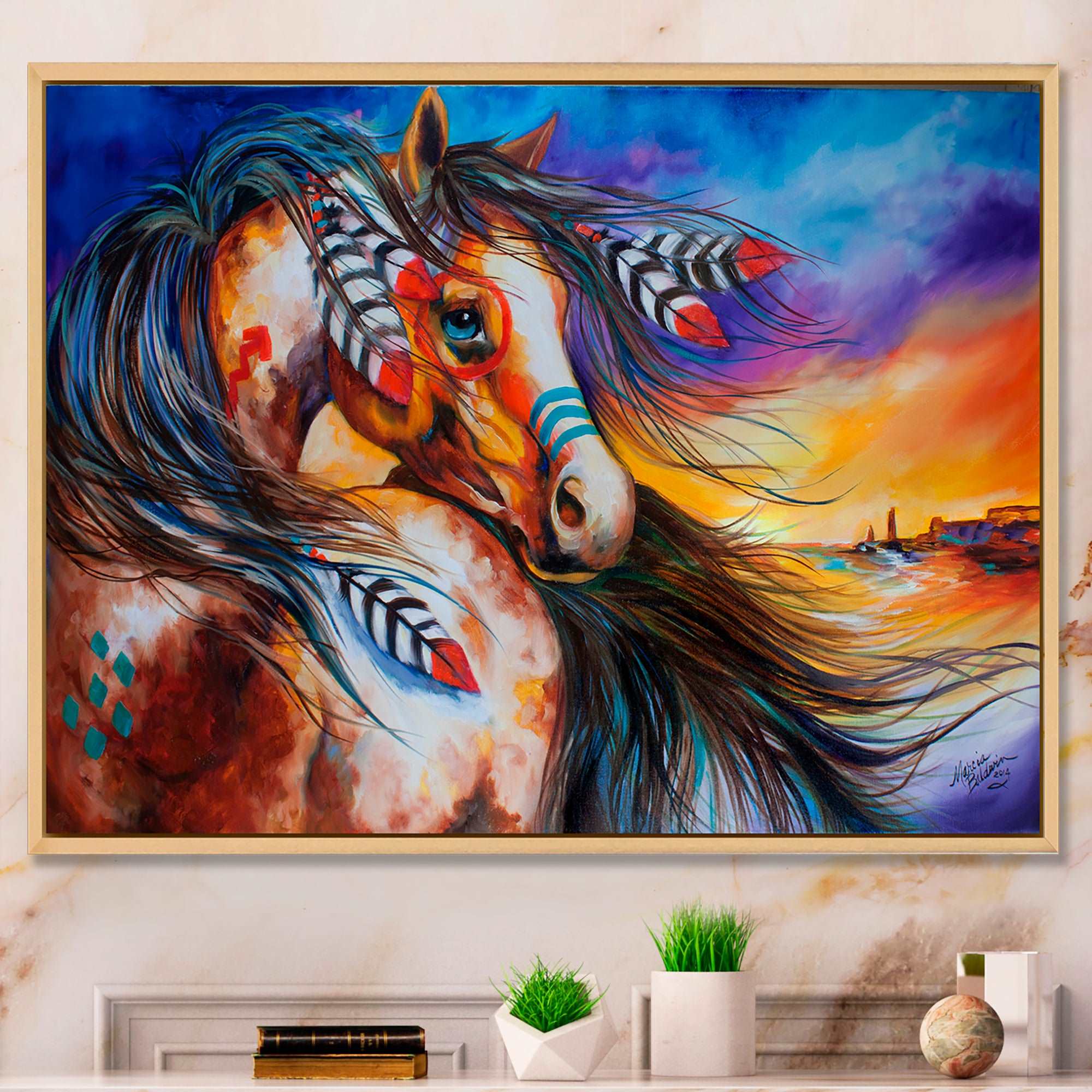 5 Feathers Indian War Horse Framed Canvas Matte White - 1.5" Thick