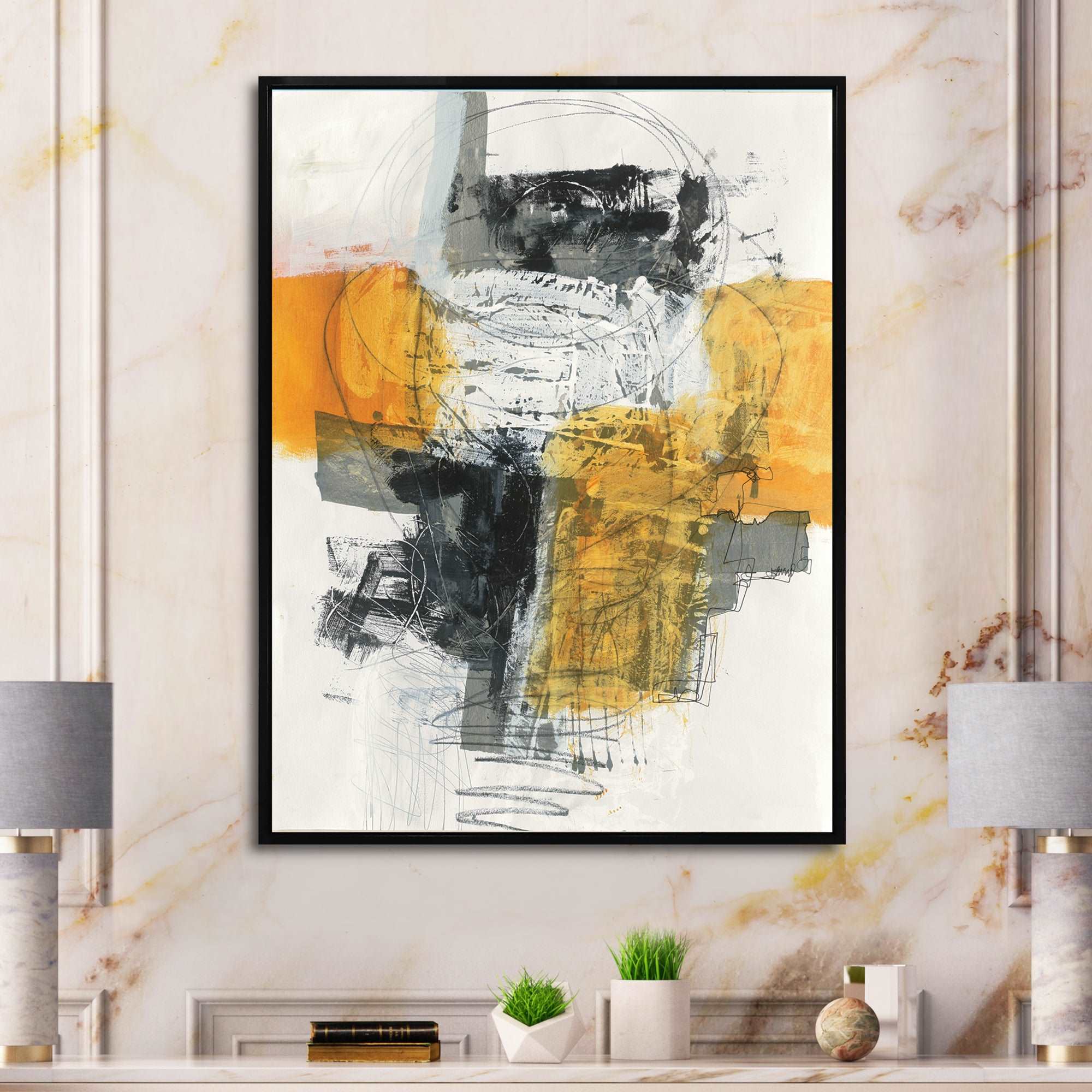 Abstract Composition of Glamorous Yellow and Black Framed Canvas Vibrant Black - 1.5" Thick