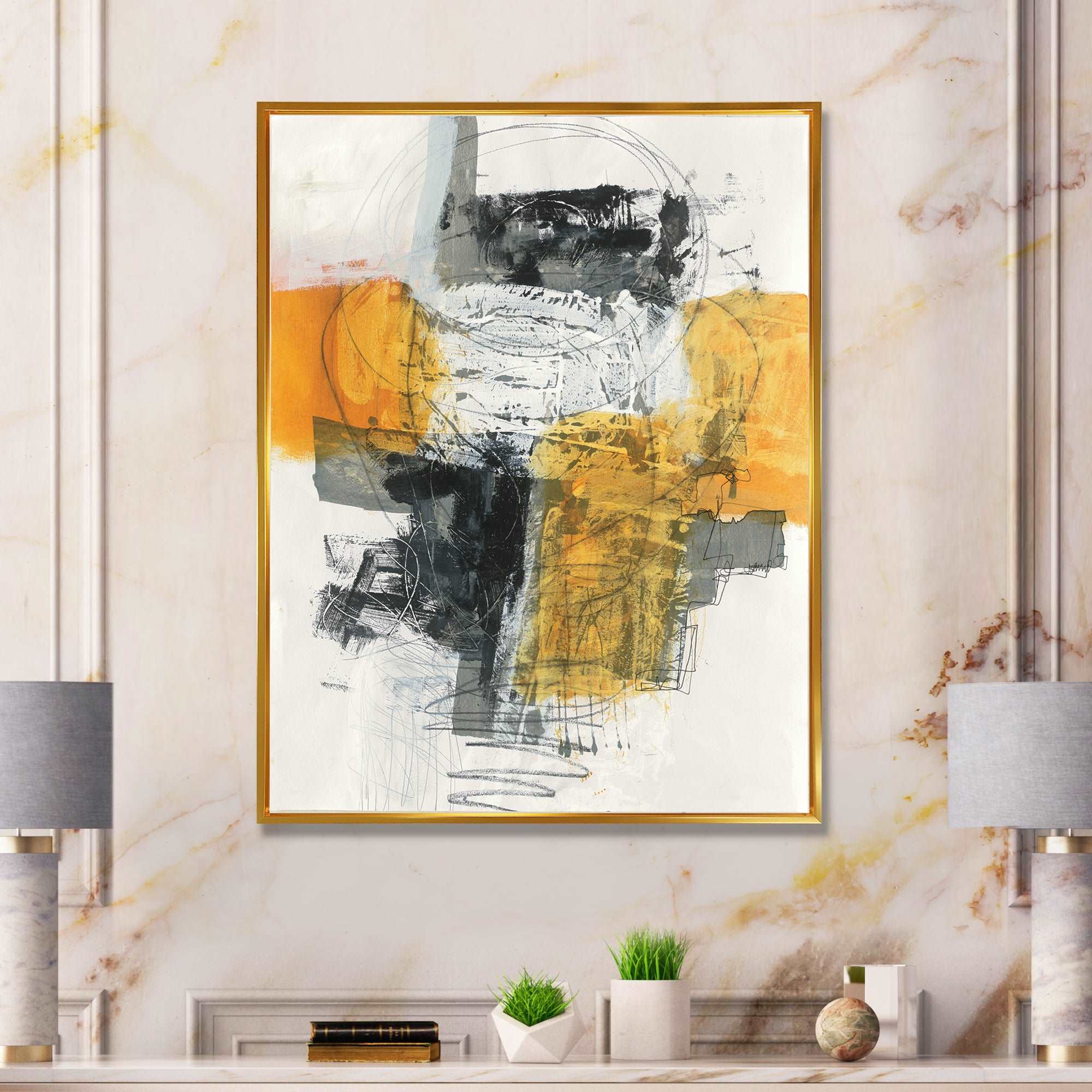 Abstract Composition of Glamorous Yellow and Black Framed Canvas Vibrant Gold - 1.5" Thick
