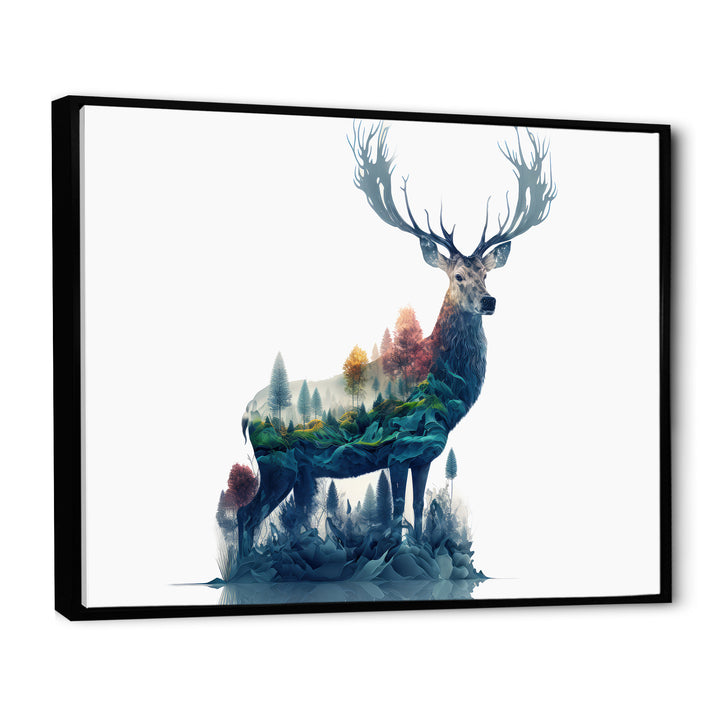 Double Exposure Of A Deer With Forest - Blue Deer Wall Art