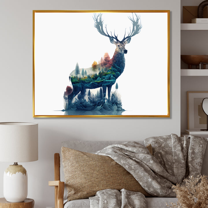 Double Exposure Of A Deer With Forest - Blue Deer Wall Art