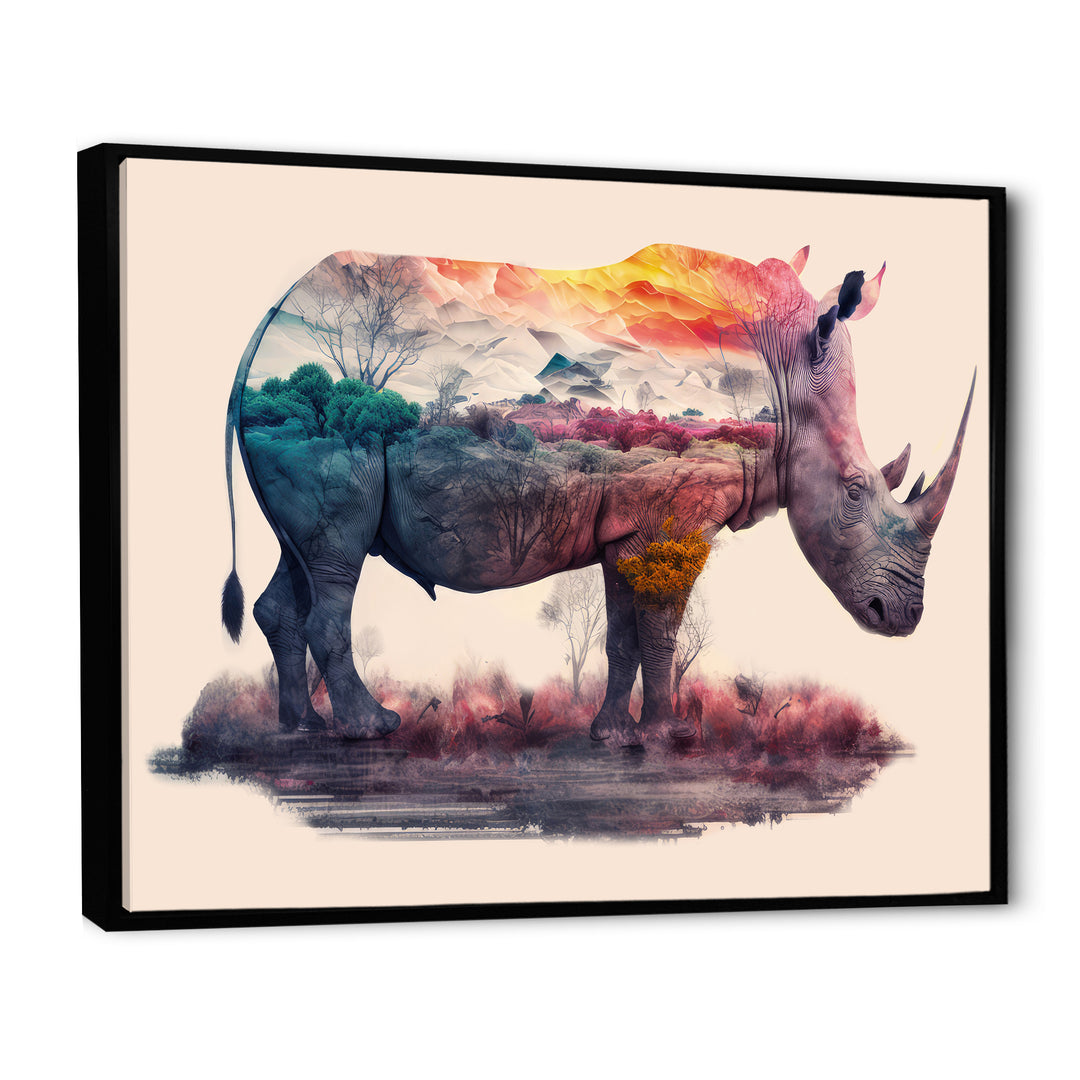 Double Exposure Of A Rhino With African Landscape - Pink Rhinoceros Wall Art