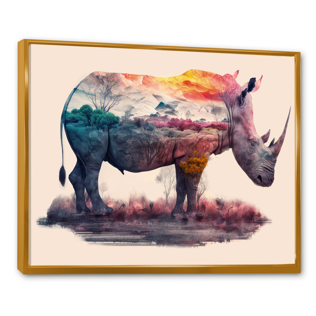 Double Exposure Of A Rhino With African Landscape - Pink Rhinoceros Wall Art