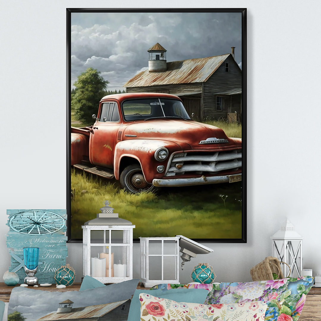 Orange Vintage Truck At The Barn - Car Old American Canvas Wall Art