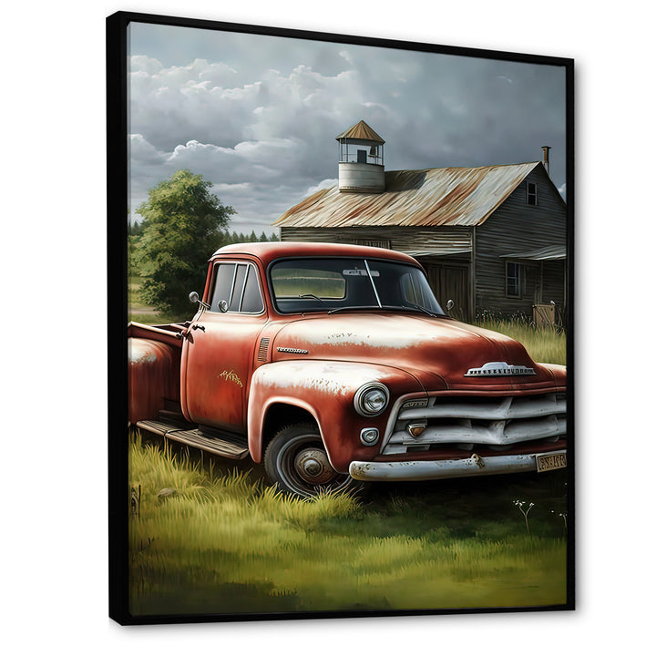 Orange Vintage Truck At The Barn - Car Old American Canvas Wall Art