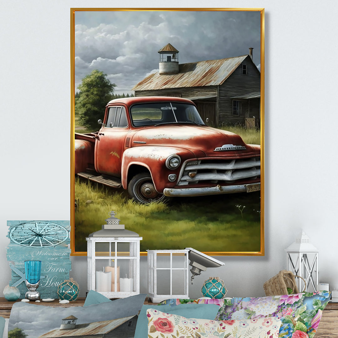 Orange Vintage Truck At The Barn - Car Old American Canvas Wall Art