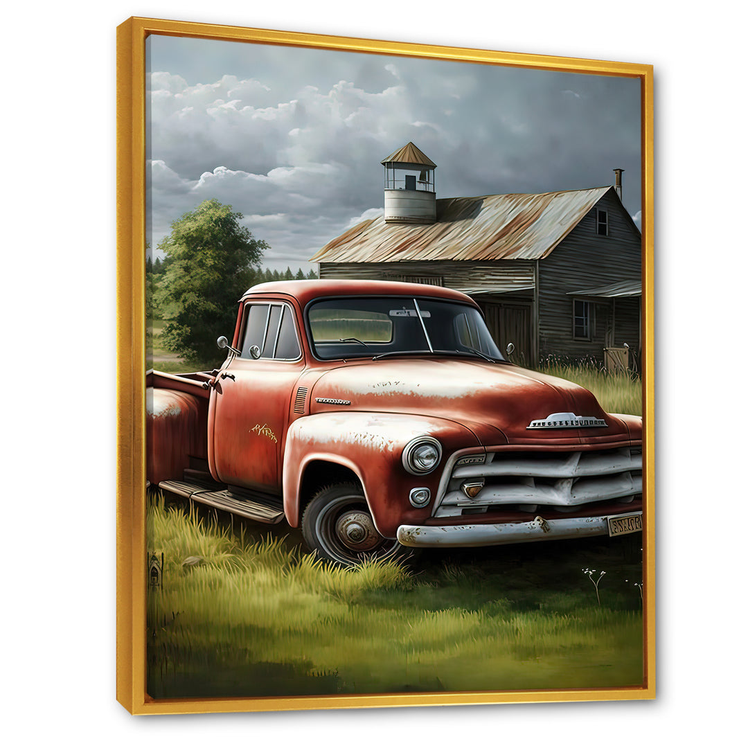 Orange Vintage Truck At The Barn - Car Old American Canvas Wall Art