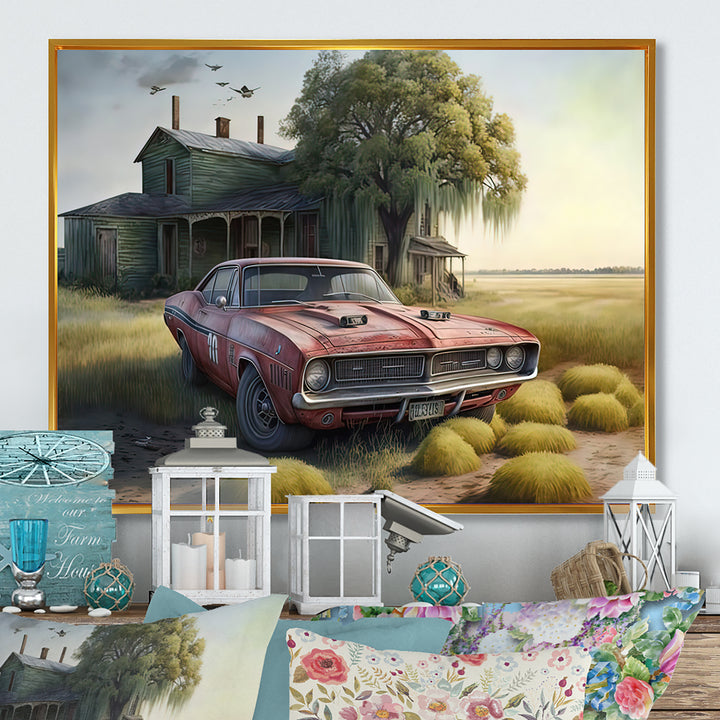 Orange Muscle Car At The Barn - Car Old American Canvas Wall Art