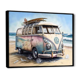 70S Surfing Van At The Beach I Framed Canvas Vibrant Black - 1.5"Thick