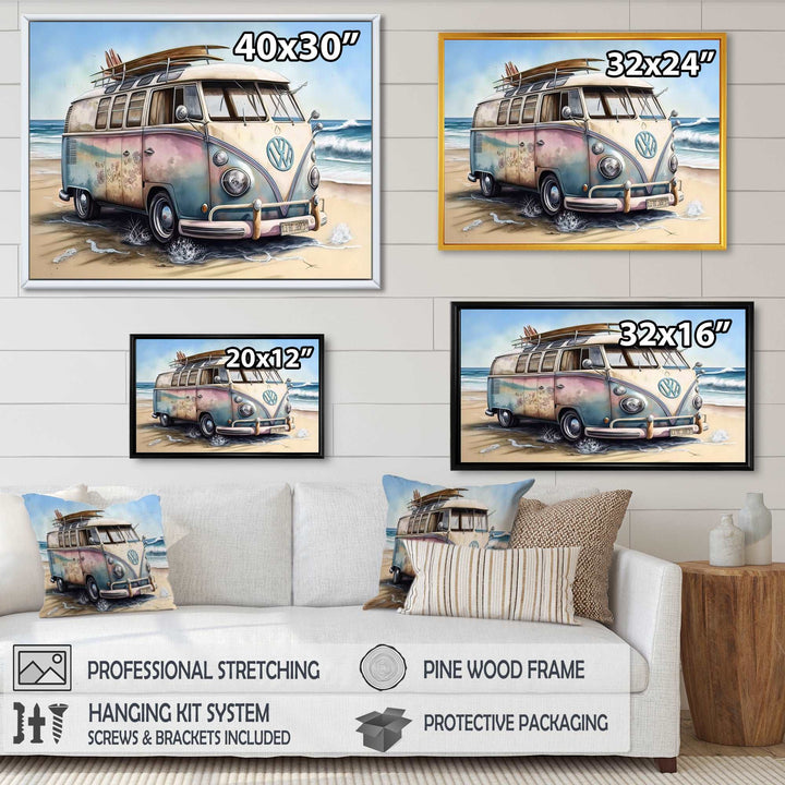 70S Surfing Van At The Beach I Framed Canvas Vibrant Black - 1.5"Thick