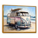 70S Surfing Van At The Beach I Framed Canvas Vibrant Gold - 1.5"Thick