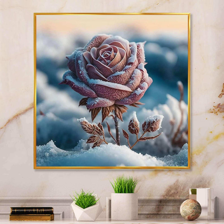 A Blooming Pink Rose Flower In Winter I Canvas Canvas