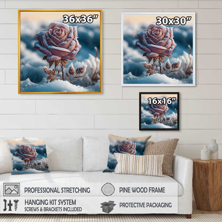 A Blooming Pink Rose Flower In Winter I Framed Canvas Vibrant Gold - 1.5"Thick