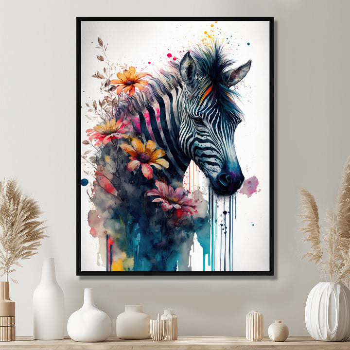 Cute Zebra Floral Art - Zebra Framed Canvas Art