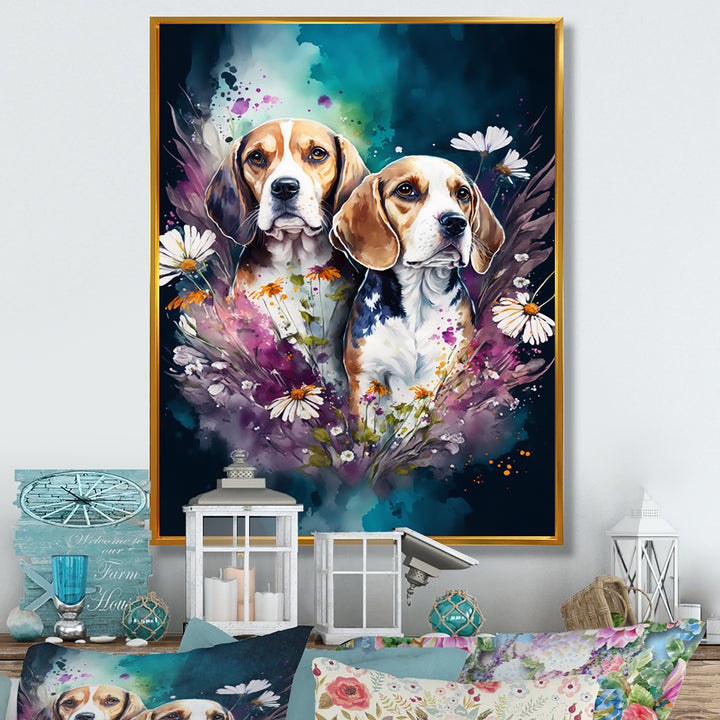 Cute Beagles Floral Art - Dog Beagle Large Canvas Wall Art