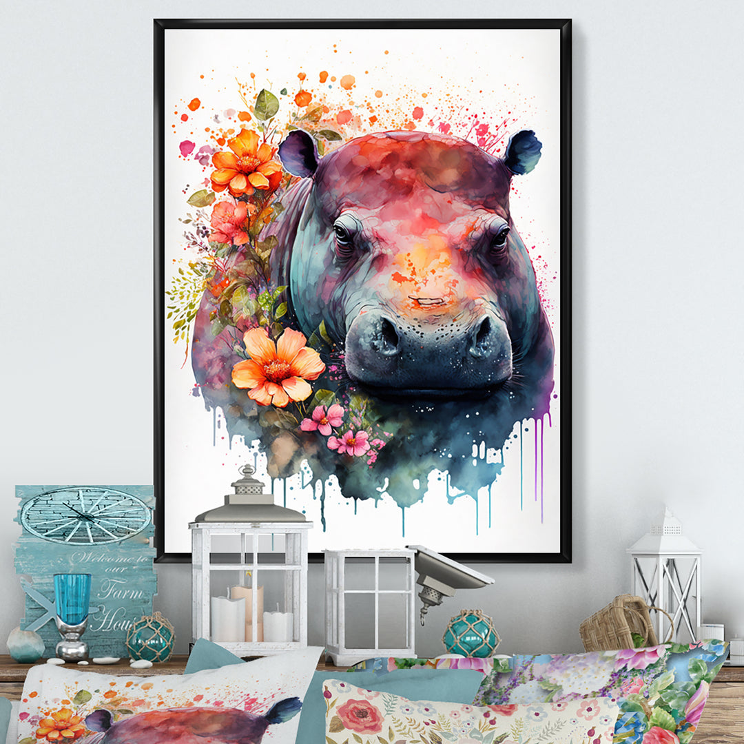 Cute Hippo Floral Art - Hippopotamus Wall Decor