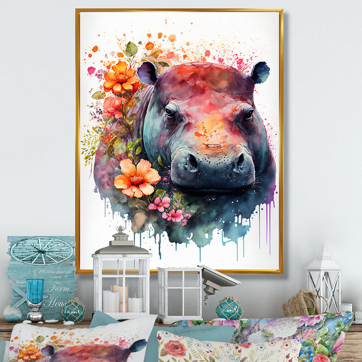 Cute Hippo Floral Art - Hippopotamus Wall Decor