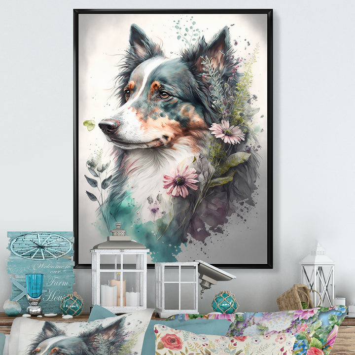 Cute Australian Shepard Floral Art - Dog Australian Shepherd Canvas Wall Art