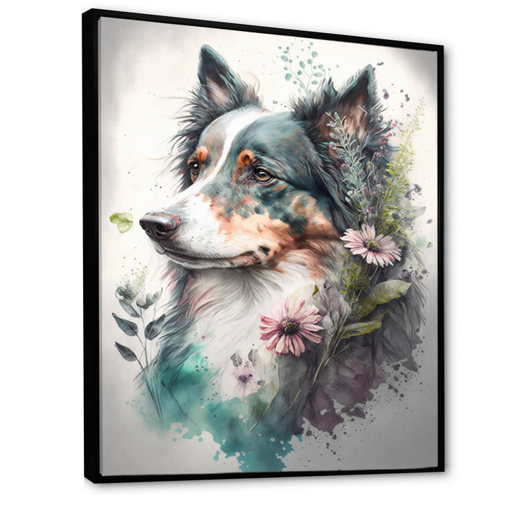 Cute Australian Shepard Floral Art - Dog Australian Shepherd Canvas Wall Art