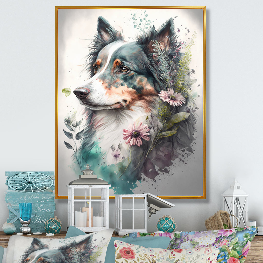 Cute Australian Shepard Floral Art - Dog Australian Shepherd Canvas Wall Art