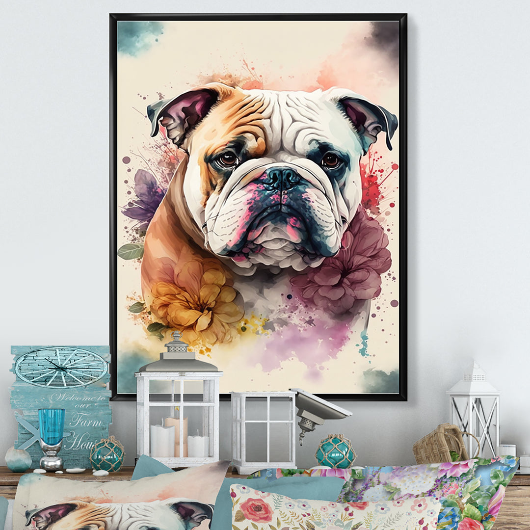 Cute Bulldogs Floral Art - Dog Wall Art Prints