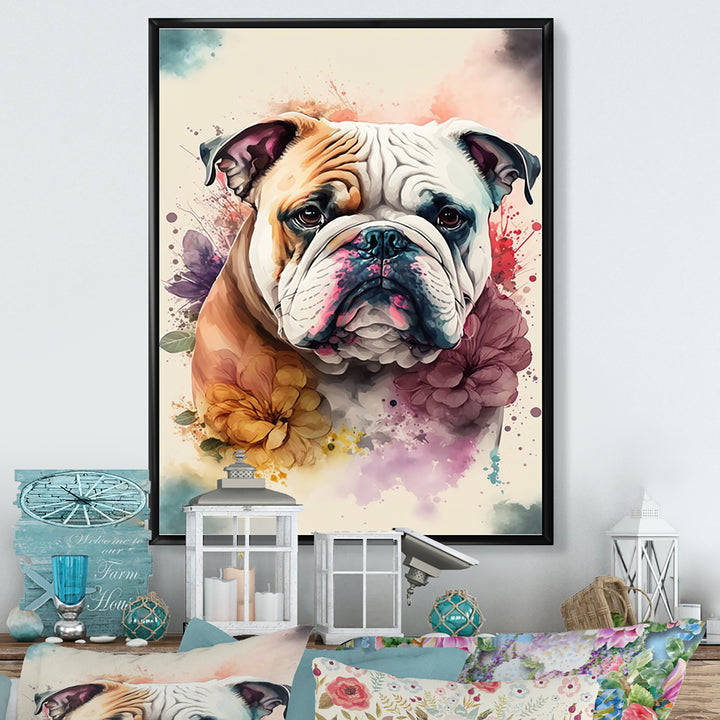 Cute Bulldogs Floral Art - Dog Wall Art Prints