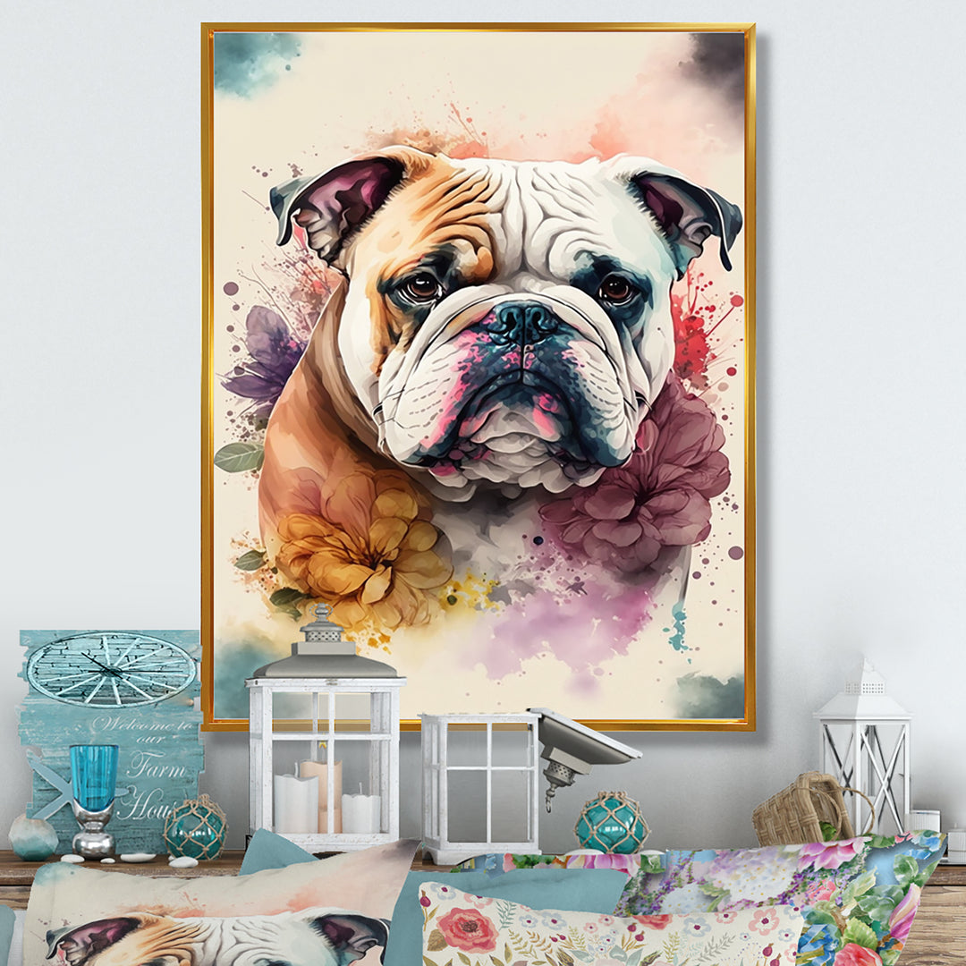 Cute Bulldogs Floral Art - Dog Wall Art Prints