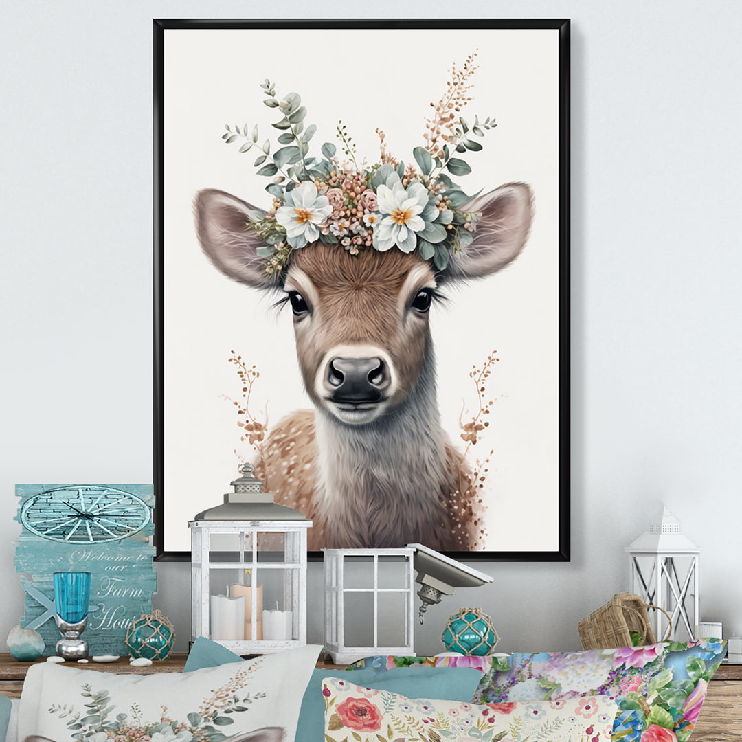 Cute Baby Fawn With Floral Crown - Deer Wall Art Prints