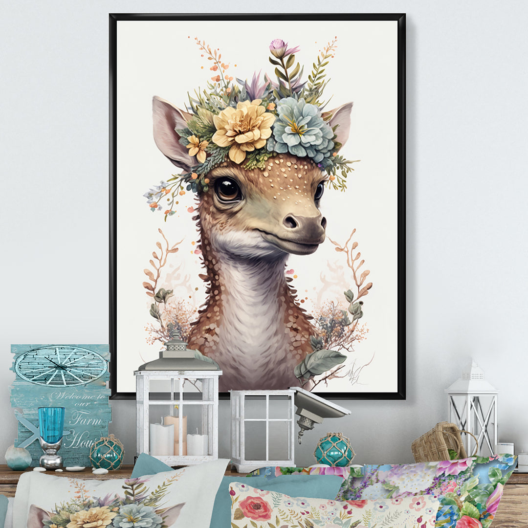 Cute Baby Dinosaur With Floral Crown - Dinosaur Laundry Framed Canvas Art