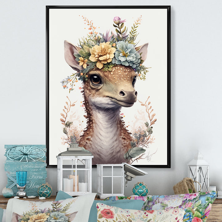 Cute Baby Dinosaur With Floral Crown - Dinosaur Laundry Framed Canvas Art