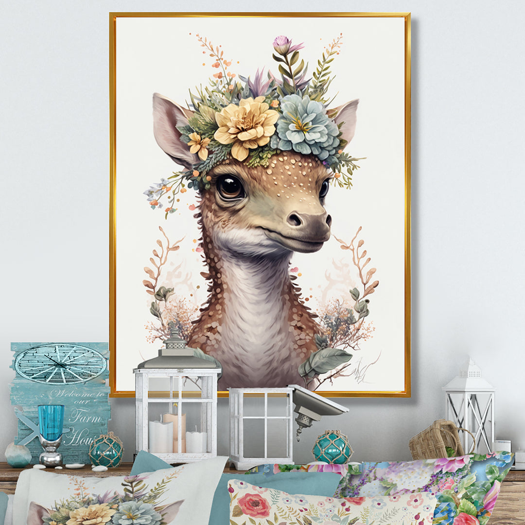 Cute Baby Dinosaur With Floral Crown - Dinosaur Laundry Framed Canvas Art