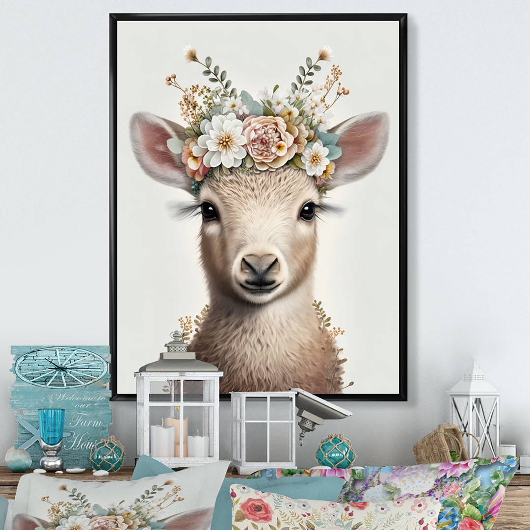 Cute Baby Sheep With Floral Crown - Sheep Living Room Wall Art