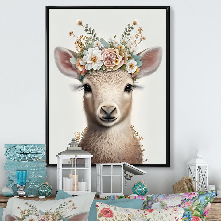 Cute Baby Sheep With Floral Crown - Sheep Living Room Wall Art