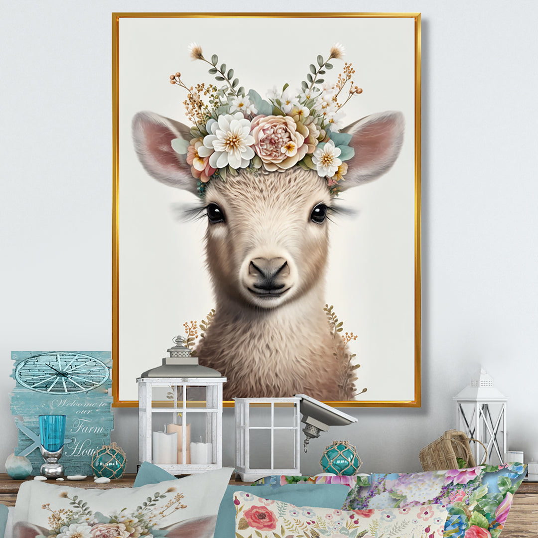 Cute Baby Sheep With Floral Crown - Sheep Living Room Wall Art