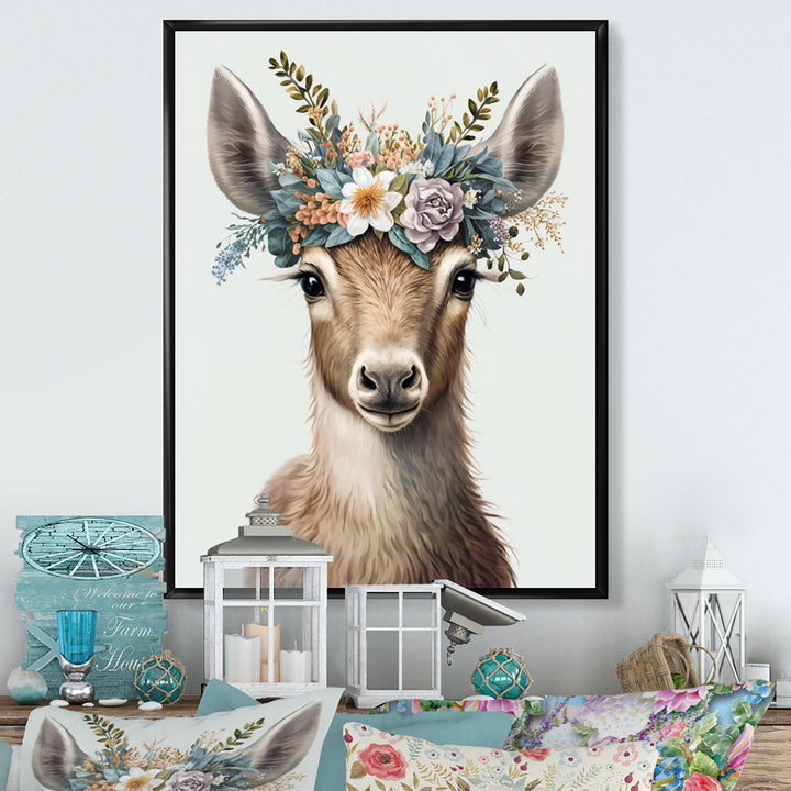 Cute Baby Goat With Floral Crown - Goat Canvas Wall Art