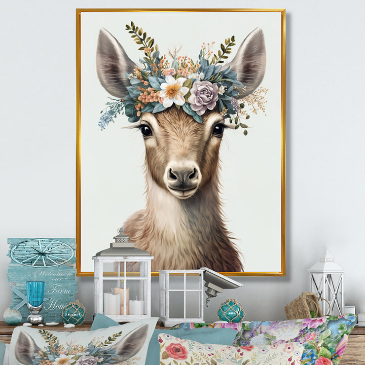 Cute Baby Goat With Floral Crown - Goat Canvas Wall Art